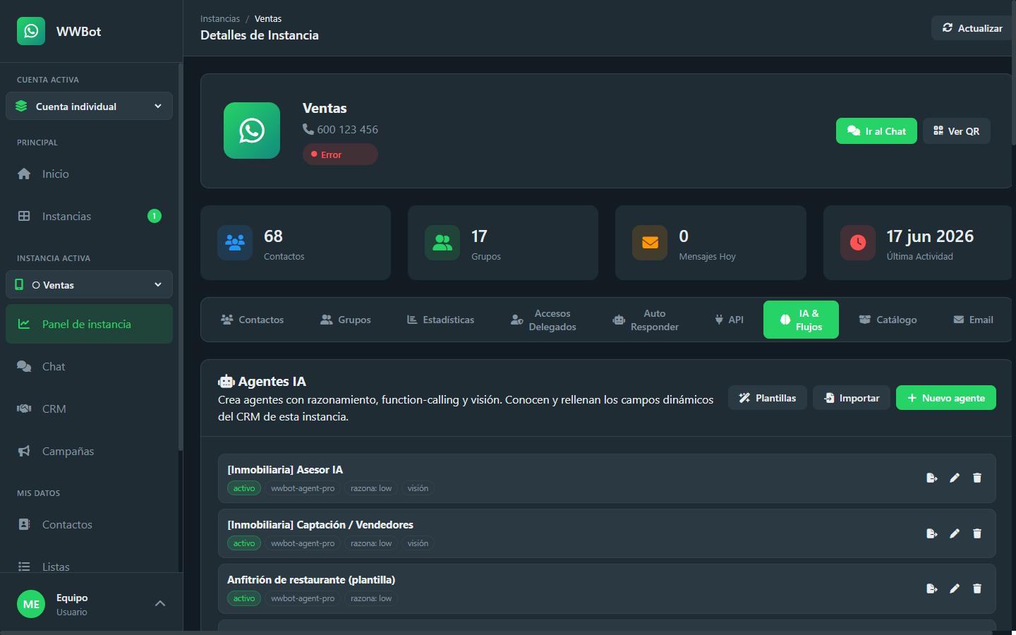 Panel de WWBot: configuración de agentes de IA de una instancia de WhatsApp